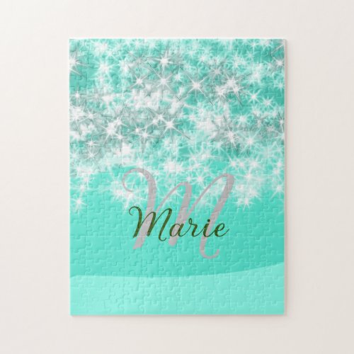 Turquoise teal agate aqua monogram add letter text jigsaw puzzle