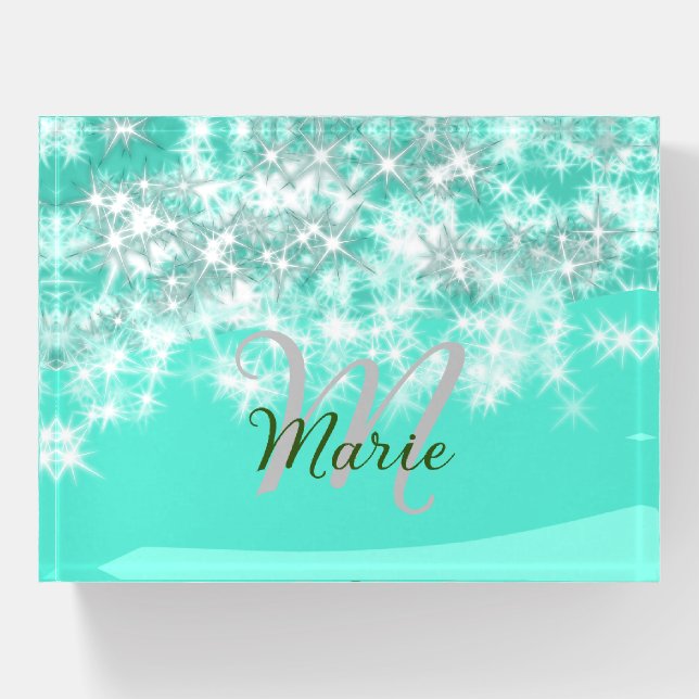 Turquoise teal agate aqua monogram add letter text paperweight (Front)