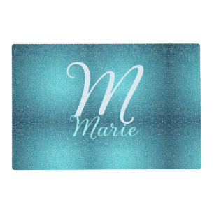Turquoise teal agate aqua monogram add letter text placemat
