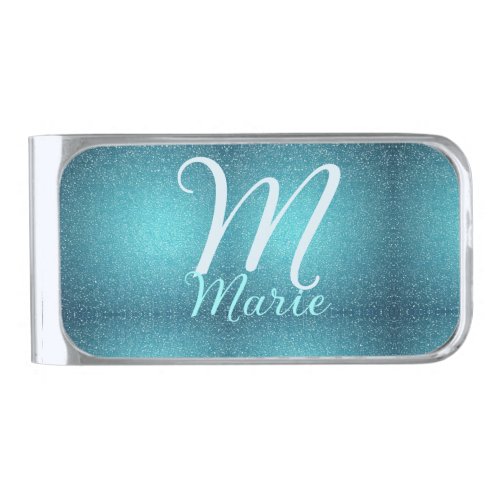 Turquoise teal agate aqua monogram add letter text silver finish money clip