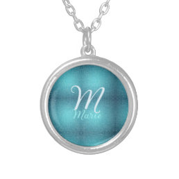 Turquoise teal agate aqua monogram add letter text silver plated necklace