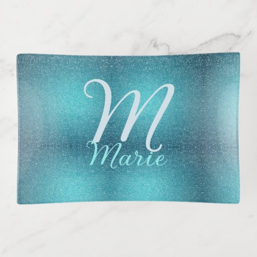 Turquoise teal agate aqua monogram add letter text trinket tray