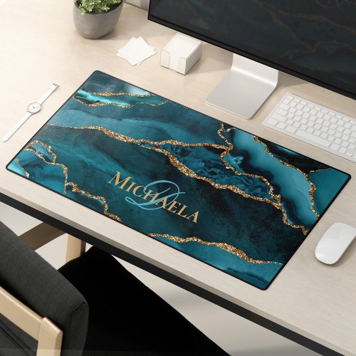 Turquoise Teal Agate Geode Gold Glitter Monogram Desk Mat