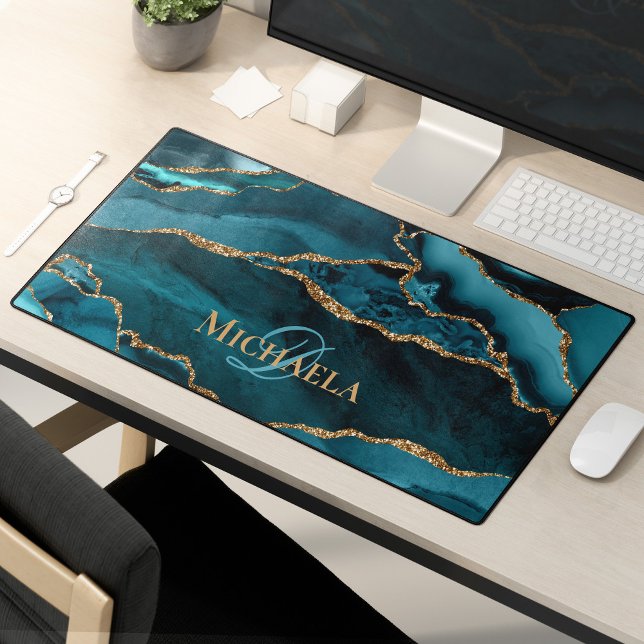 Turquoise Teal Agate Geode Gold Glitter Monogram Desk Mat (Creator Uploaded)