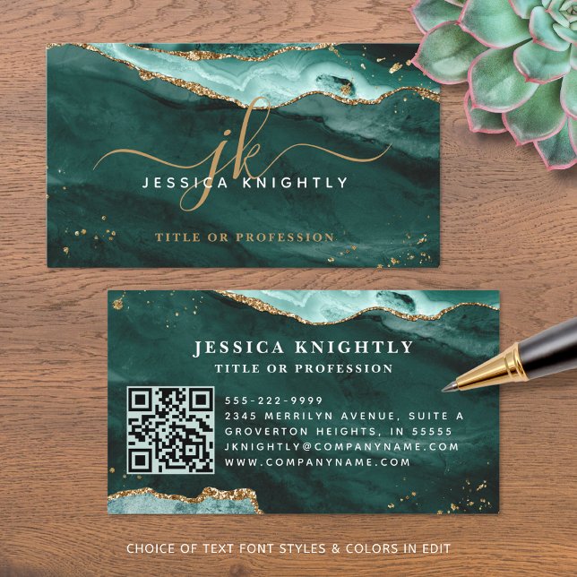 Turquoise Teal Agate Geode Monogram Gold Script Business Card (Creator Uploaded)