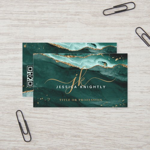 Turquoise Teal Agate Geode Monogram Gold Script Business Card