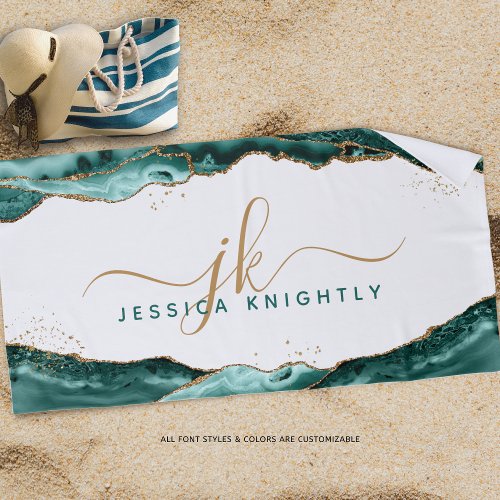 Turquoise Teal Agate Gold Glitter Monogram Script Beach Towel