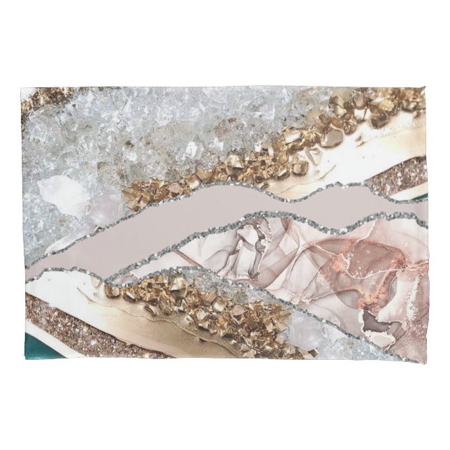 Turquoise Teal Agate Gold Glitter Pillow Case (Front)