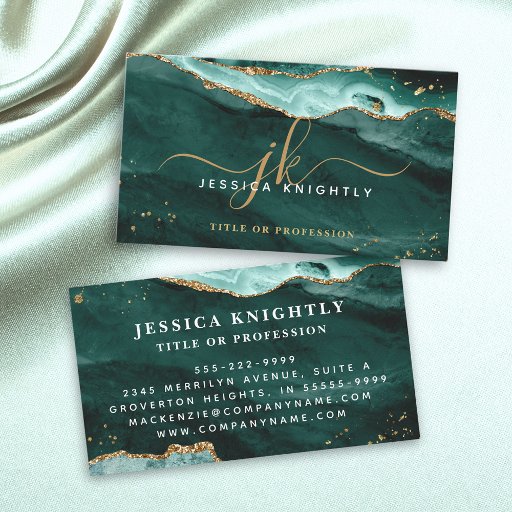 Customizable  Turquoise Teal Agate Gold Glitter Script Monogram Business Card