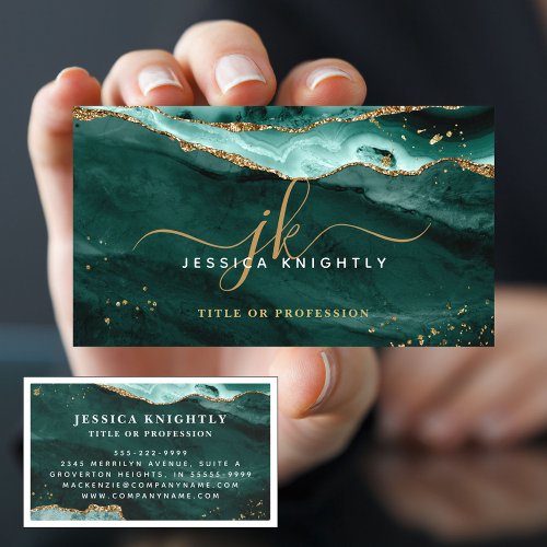  Turquoise Teal Agate Gold Glitter Script Monogram Business Card