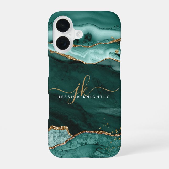  Turquoise Teal Agate Gold Glitter Script Monogram Iphone Case (Back)