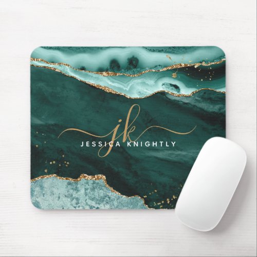 Turquoise Teal Agate Gold Glitter Script Monogram Mouse Pad