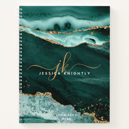 Turquoise Teal Agate Gold Glitter Script Monogram Notebook