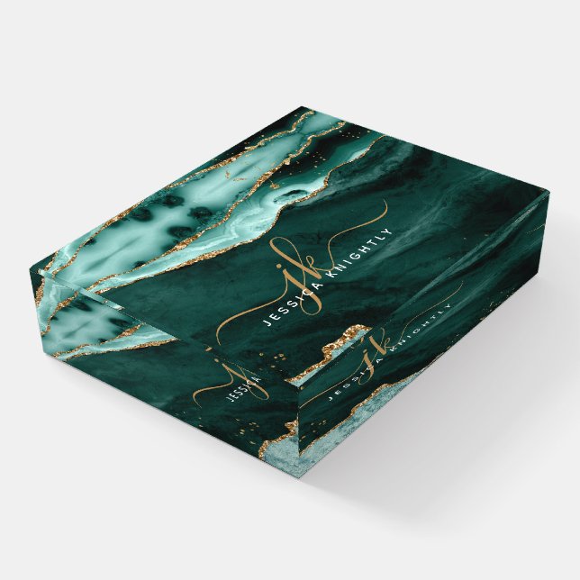 Turquoise Teal Agate Gold Glitter Script Monogram Paperweight (Angled)