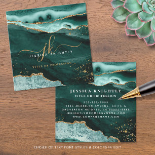 Turquoise Teal Agate Gold Glitter Script Monogram Square Business Card