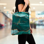 Turquoise Teal Agate Gold Glitter Script Monogram Tote Bag<br><div class="desc">Modern, elegant tote bag with turquoise teal agate and marble and gold glitter sparkle accents personalized with chic feminine handwritten script monogram initials and name. Stylish luxury design. ASSISTANCE: For help with design modification or personalization, color change, transferring the design to another product or you would like coordinating items, contact...</div>