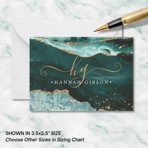 Turquoise Teal Agate Monogram Script Gold Glitter Note Card