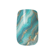 Turquoise & Teal Agate Nail Art with Gold Foil 