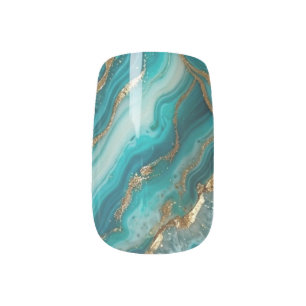 Turquoise & Teal Agate Nail Art with Gold Foil 