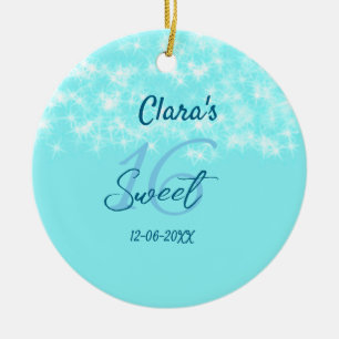 Turquoise teal agate sweet 16 birthday add name da ceramic ornament