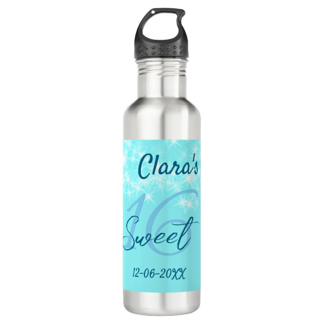 Turquoise teal agate sweet 16 birthday add name da stainless steel water bottle (Front)