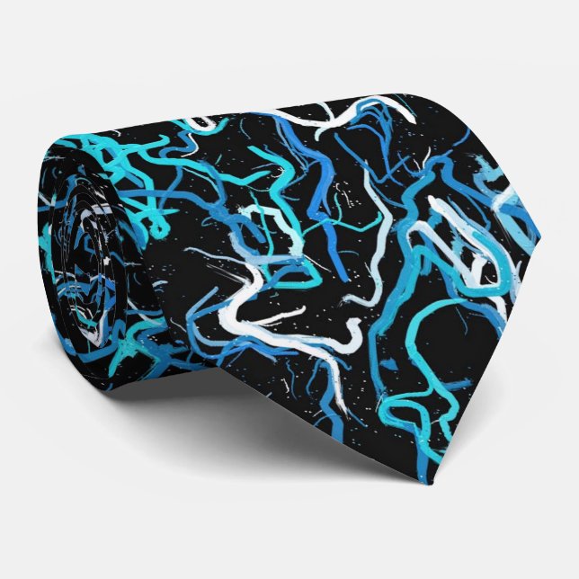 Turquoise, Teal and Black Abstract Neck Tie (Rolled)