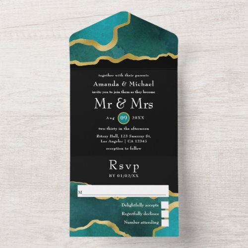 Turquoise _ Teal and Gold Agate Wedding All In One All In One Invitation