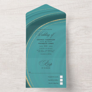 Turquoise - Teal and Gold Agate Wedding All In One Invitation