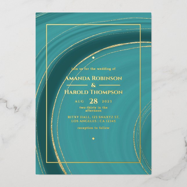 Turquoise - Teal and Gold Agate Wedding Foil Invit Invitation (Front)