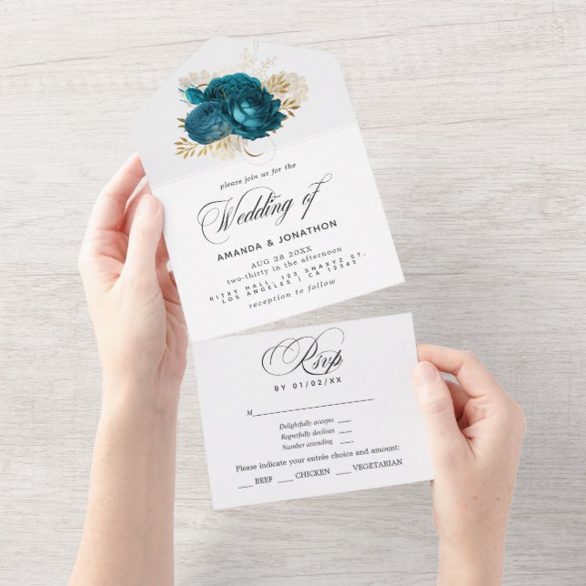 Turquoise - Teal and Gold Floral Wedding All In On All In One Invitation (Tearaway)