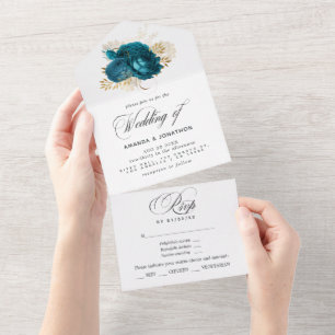 Turquoise - Teal and Gold Floral Wedding All In On All In One Invitation