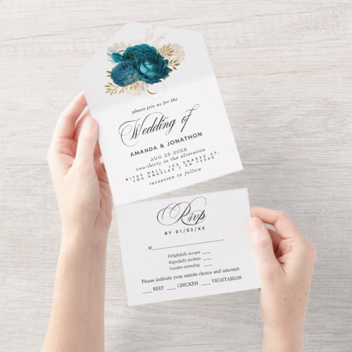 Turquoise _ Teal and Gold Floral Wedding All In On All In One Invitation