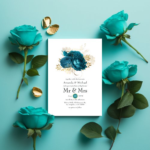 Turquoise _ Teal and Gold Floral Wedding Invitation