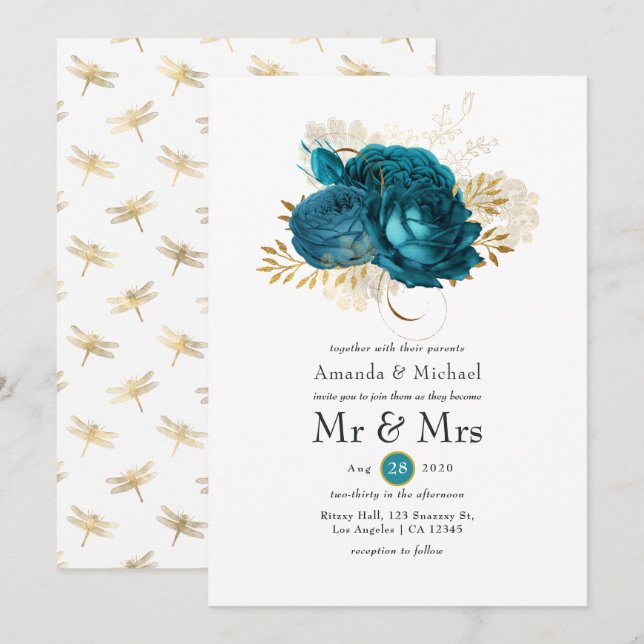 Turquoise - Teal and Gold Floral Wedding Invitation (Front/Back)