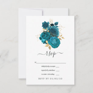 Turquoise - Teal and Gold Floral Wedding RSVP Card