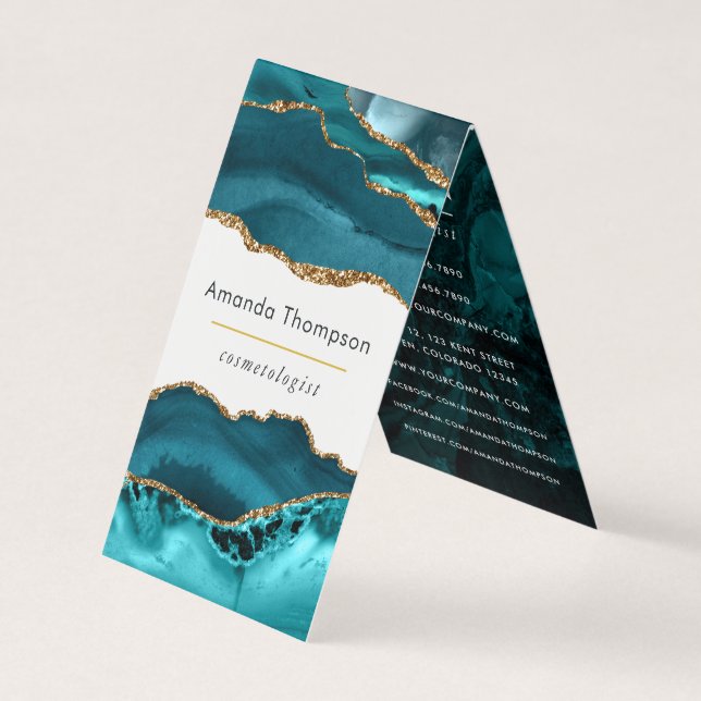 Turquoise - Teal and Gold Geode Agate Stone Business Card (Front)
