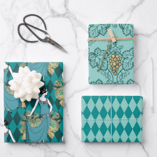 Turquoise - Teal and Gold Paris Art Deco Wine Wrapping Paper Sheets