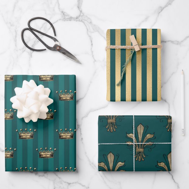 Turquoise - Teal and Gold Paris Theme Wrapping Paper Sheets (Front)