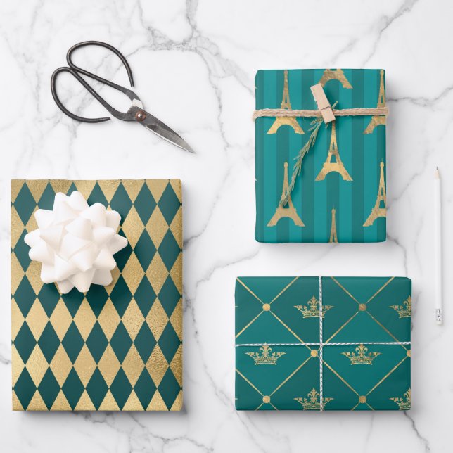 Turquoise - Teal and Gold Paris Themed Wrapping Paper Sheets (Front)