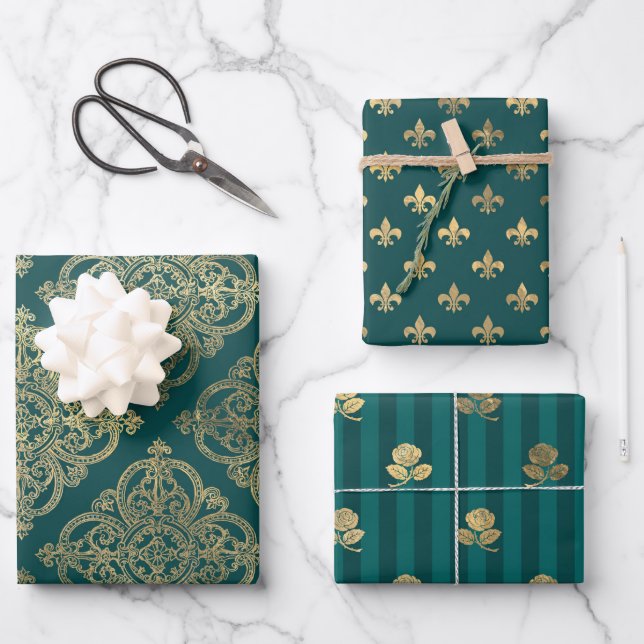 Turquoise - Teal and Gold Paris Wrapping Paper Sheets (Front)