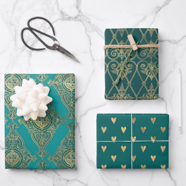 Turquoise - Teal and Gold Paris Wrapping Paper Sheets (Front)