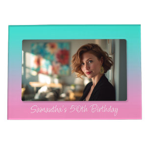 Turquoise Teal and Pink Ombre Birthday Party Magnetic Frame