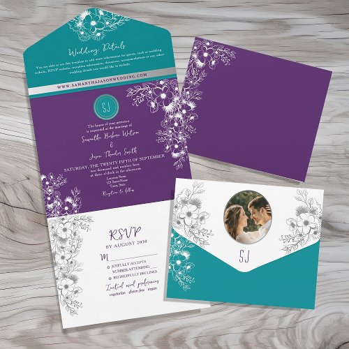 Turquoise Teal and Purple Wedding All In One Invitation