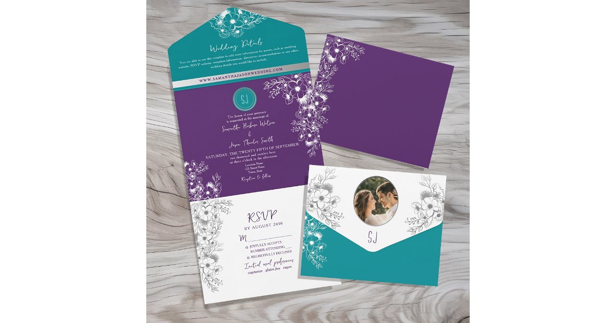 Turquoise Teal and Purple Wedding All In One Invitation | Zazzle