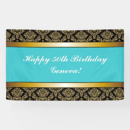 Turquoise Teal Any Age Gold Damask Birthday Banner