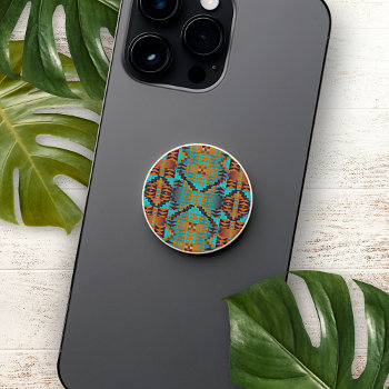 Turquoise Teal Aqua Blue Orange Tribal Pattern Popsocket by All_In_Cute_Fun at Zazzle