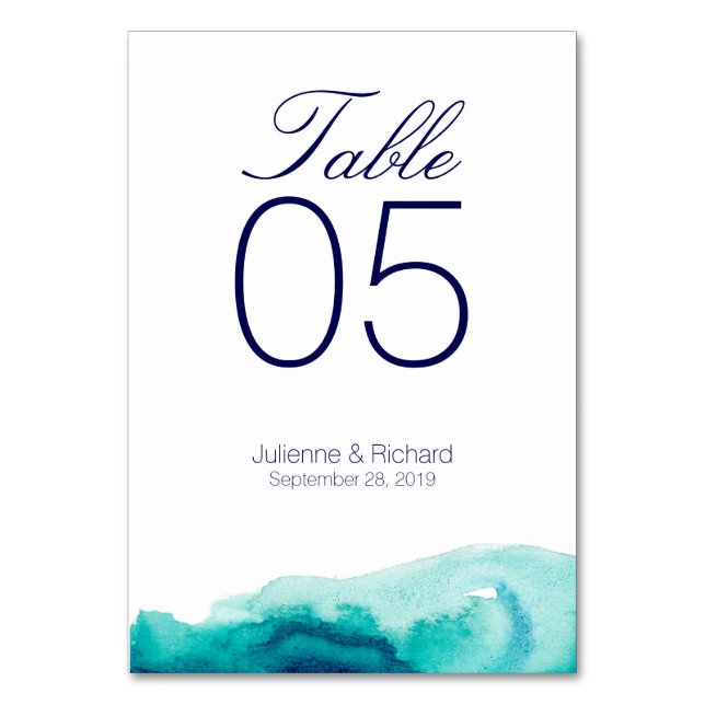 Turquoise Teal Beach Wedding Table Cards (Front)