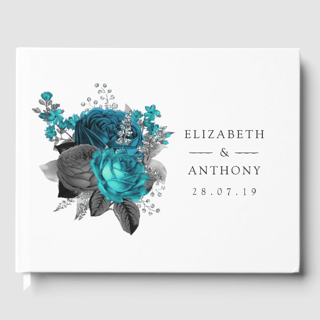 Turquoise - Teal Black and Silver Floral Wedding Guest Book (Front)