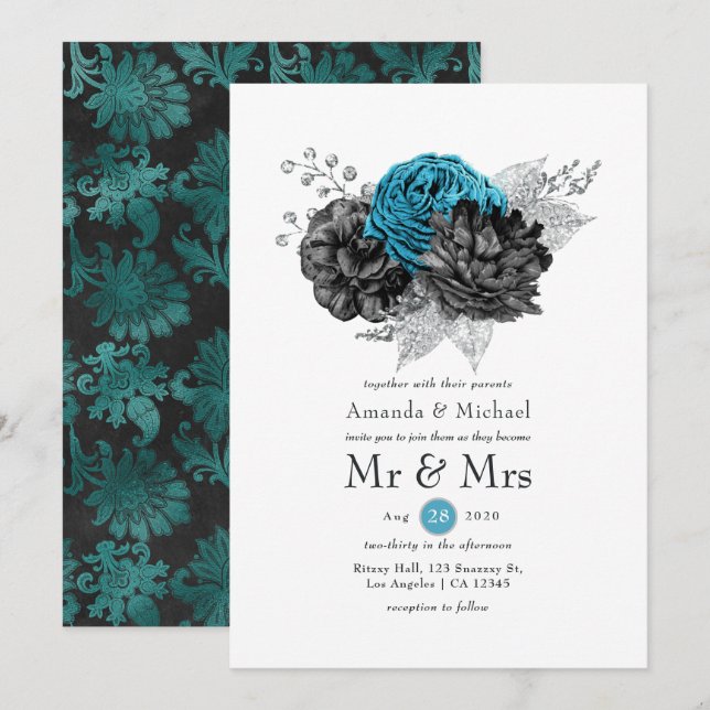 Turquoise - Teal Black and Silver Floral Wedding Invitation (Front/Back)