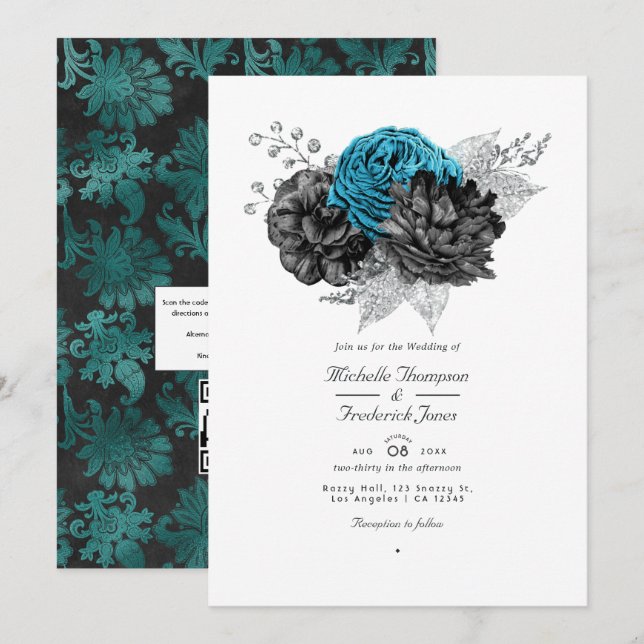Turquoise - Teal Black and Silver Floral Wedding Invitation (Front/Back)